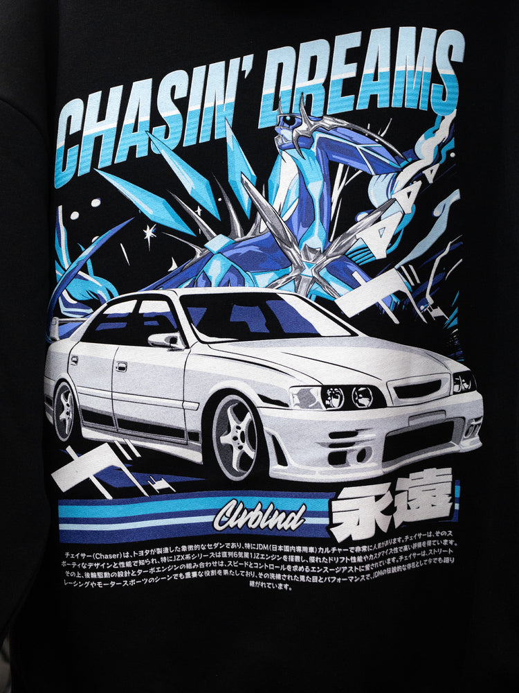 Detailaufnahme vom mehrfarbigen Rückenprint des Chasing Dreams JZX100 Hoodies im JDM Streetwear Stil