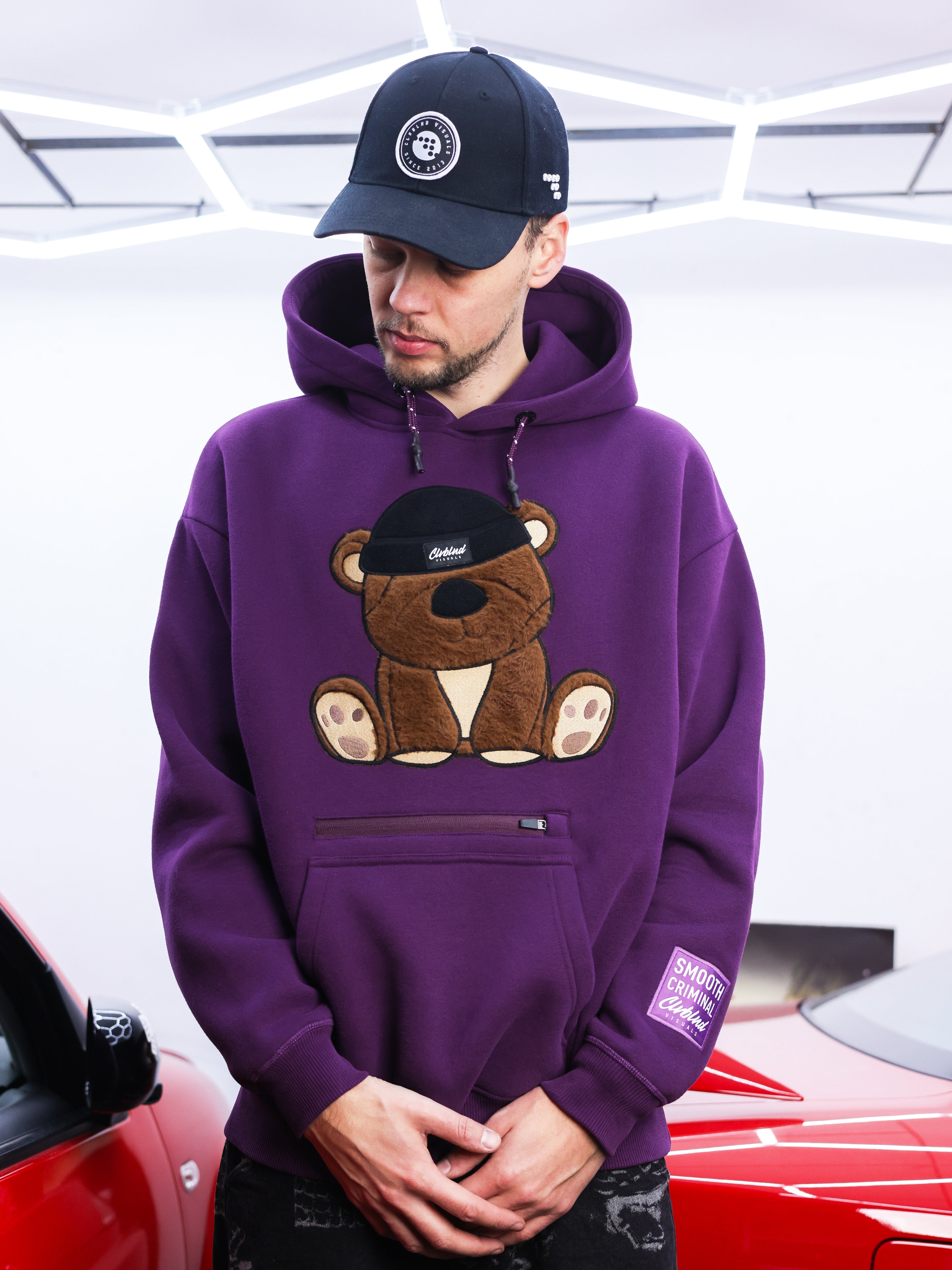 Lila Teddy Hoodie für Herren im Oversize Streetwear Look mit flauschigem Teddy Motiv und sicherer Reißverschlusstasche