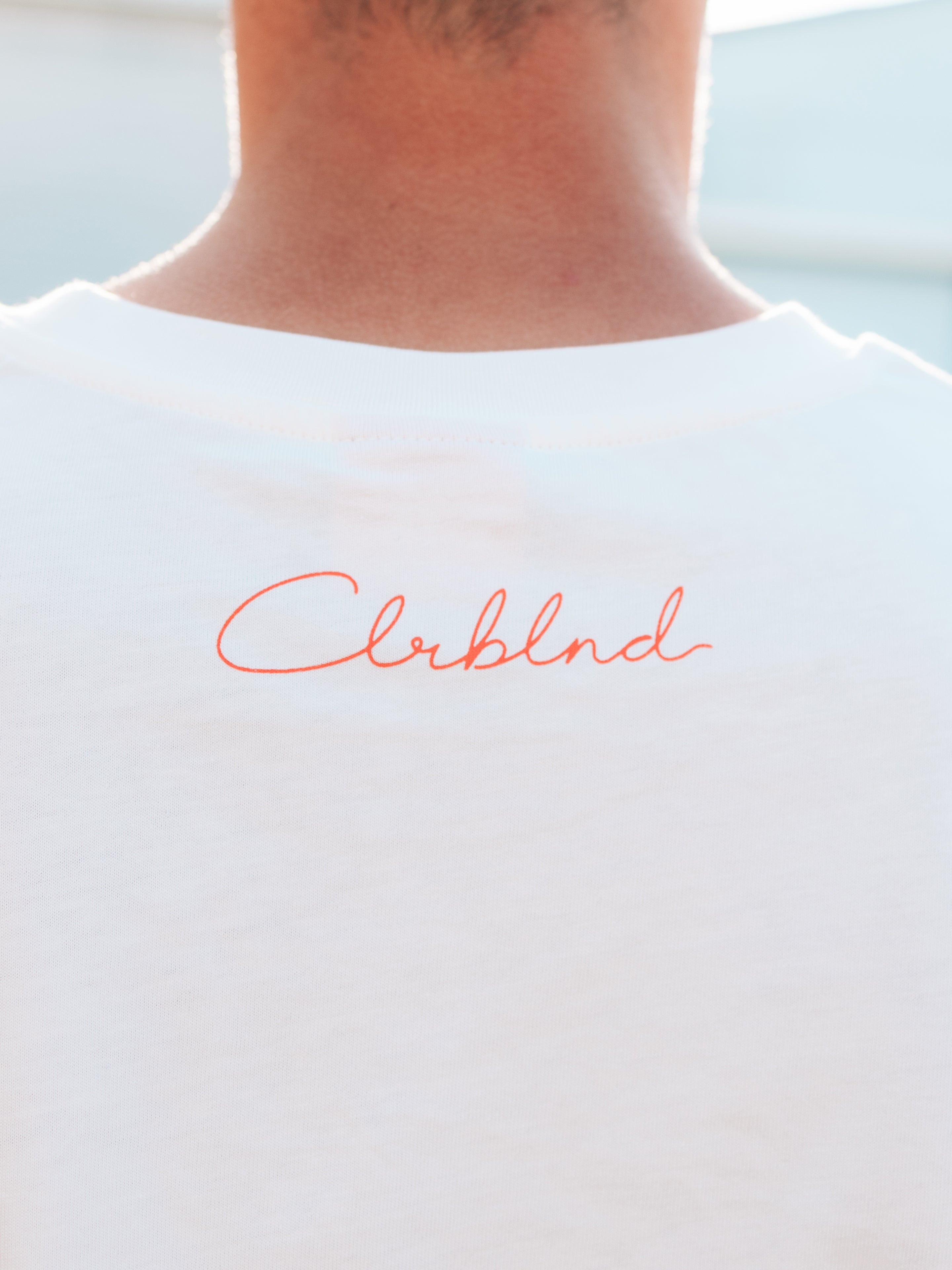 Detailaufnahme vom Colorblind Logo im Nacken des VW Golf 4 One Line T-Shirts in Sugar Swizzle mit hochwertigem Siebdruck