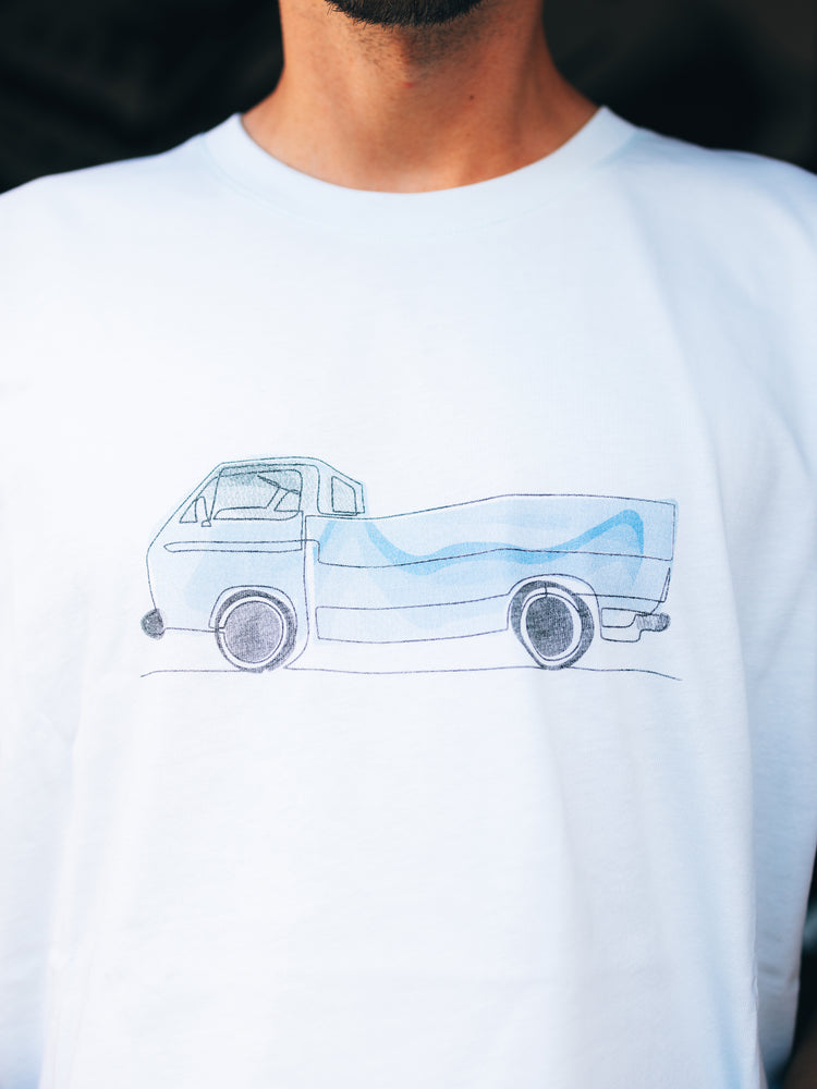 Frontalansicht des VW T3 One Line Motivs auf dem Flower Blue T-Shirt
